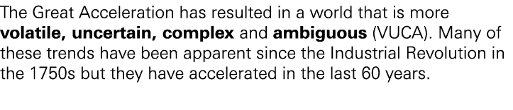 The Great Acceleration has resulted in a world that is more volatile, uncertain, complex and ambiguous (VUCA). Many o...