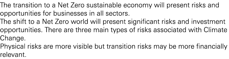 The transition to a Net Zero sustainable economy will present risks and opportunities for businesses in all sectors. ...